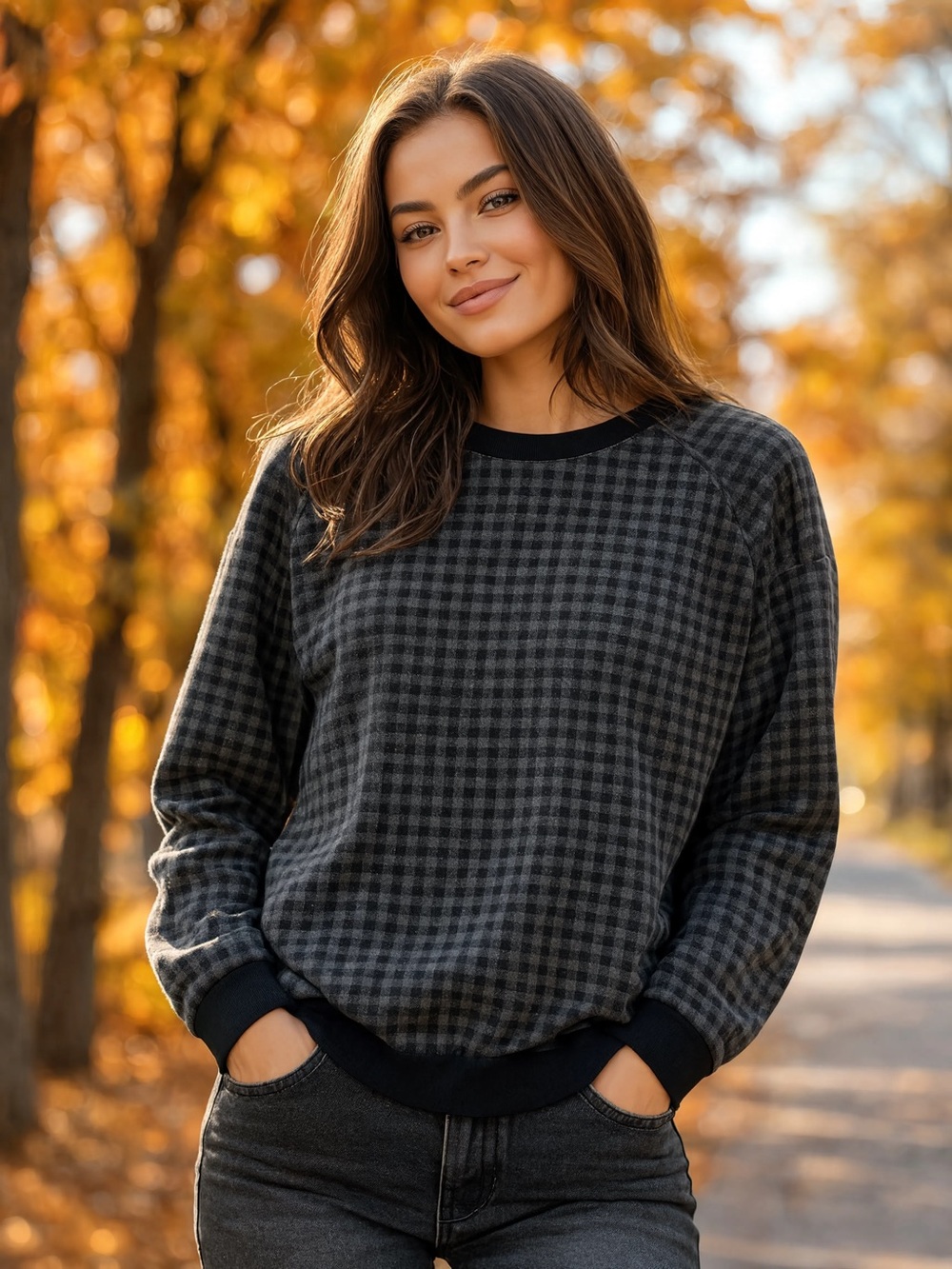 COS Charcoal and Black Gingham Crewneck Sweatshirt